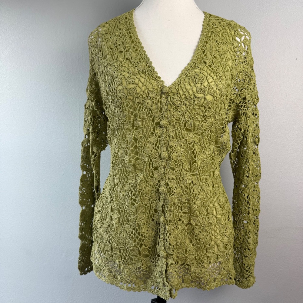 Olive Green Floral Crochet Silk Cardigan Long Sleeve Top Fairy Cottage Artisan